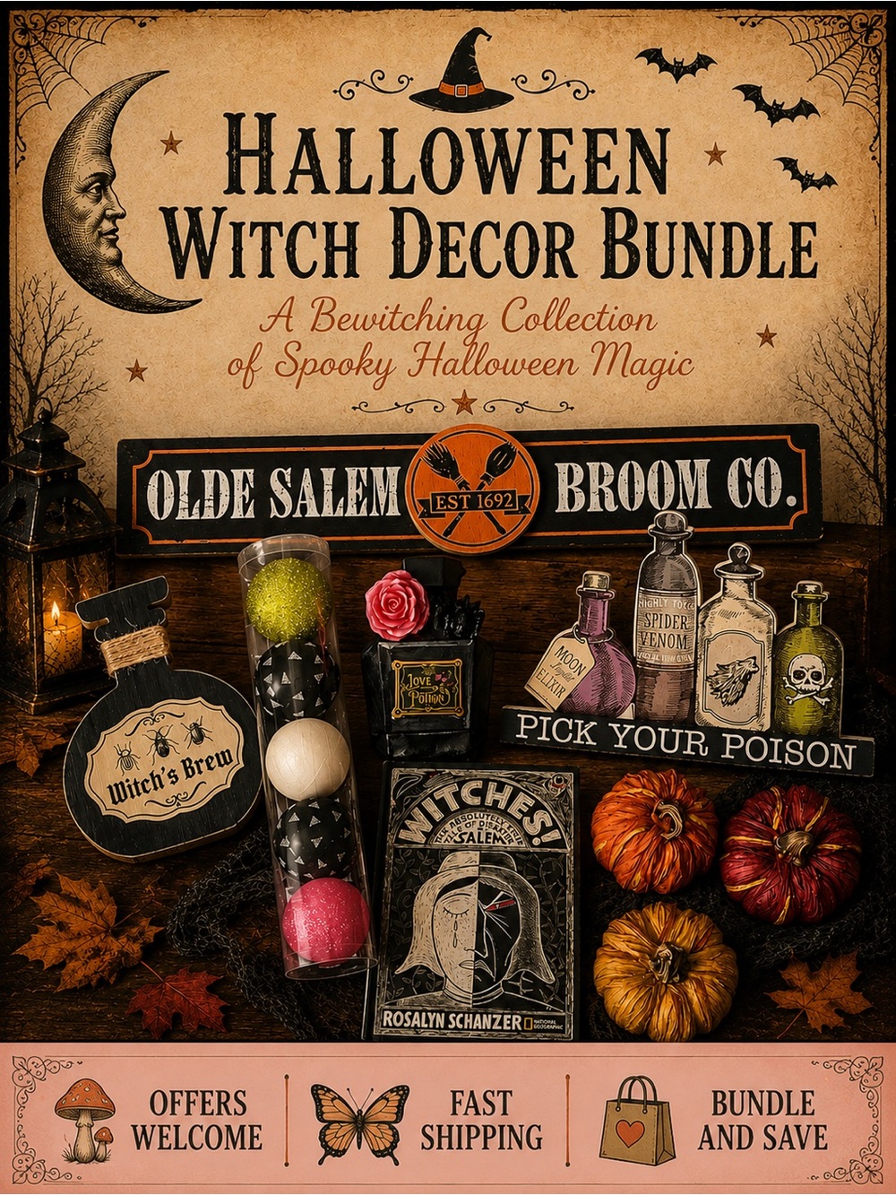 Halloween Witch Decor Bundle Salem Signs Potion Decor Pumpkins